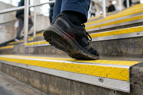 Close-up view of a foot stepping on a high-contrast, anti-slip stair nosing profile, showing improved grip and visibility for safety.