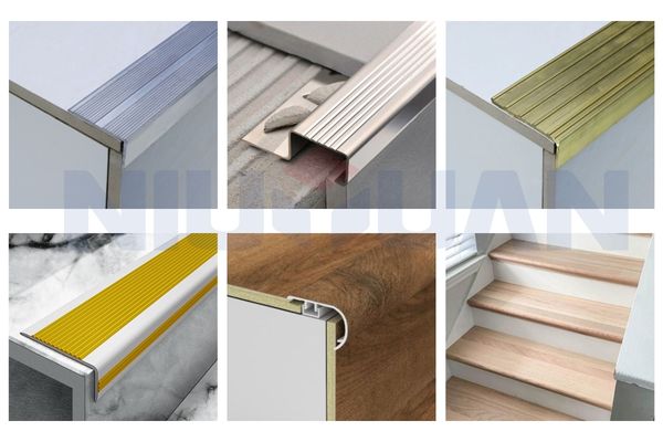 Product showcase shot featuring different stair nosing materials: aluminum, stainless steel, brass, and PVC profiles, available from NIUYUAN manufacturing.