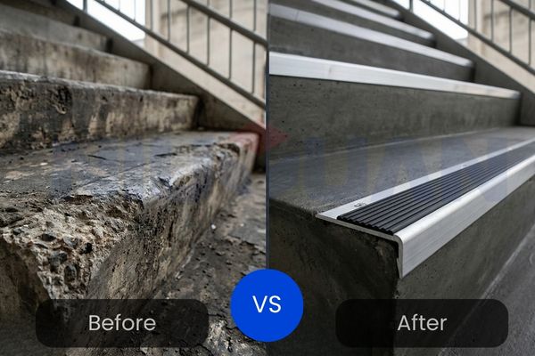 Comparison photo showing a chipped and worn stair edge (before) and a repaired, durable stair edge protected by metal stair nosing (after).