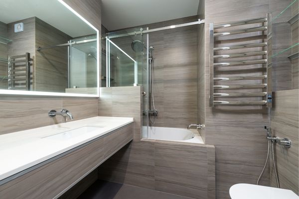 bathroom with satin finish stainless steel fixtures