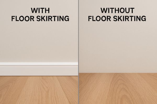 comparação de sala com e sem rodapé