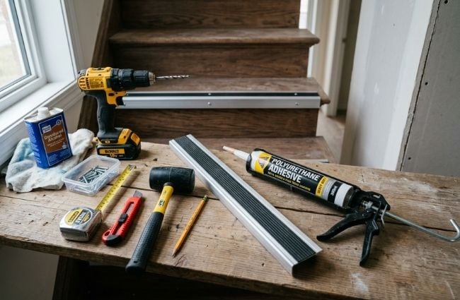 Essential tools and polyurethane adhesive ready for metal stair nosing installation